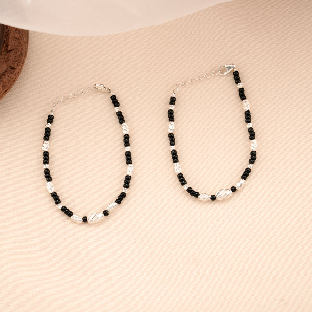 Kitty Charm Silver Baby Bracelet with Black Beads