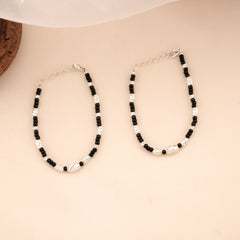 Kitty Charm Silver Baby Bracelet with Black Beads