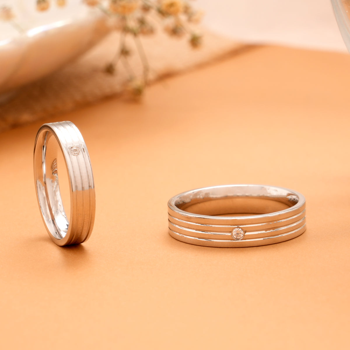 Triple Line Pattern with Stone Silver Band Ring