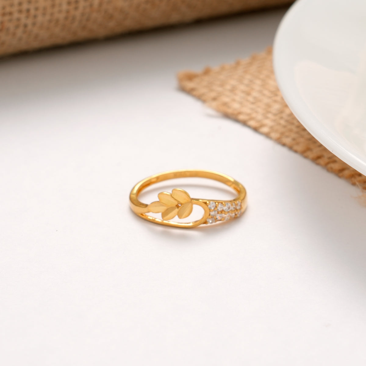 Leaf Design White Stone Golden Ring