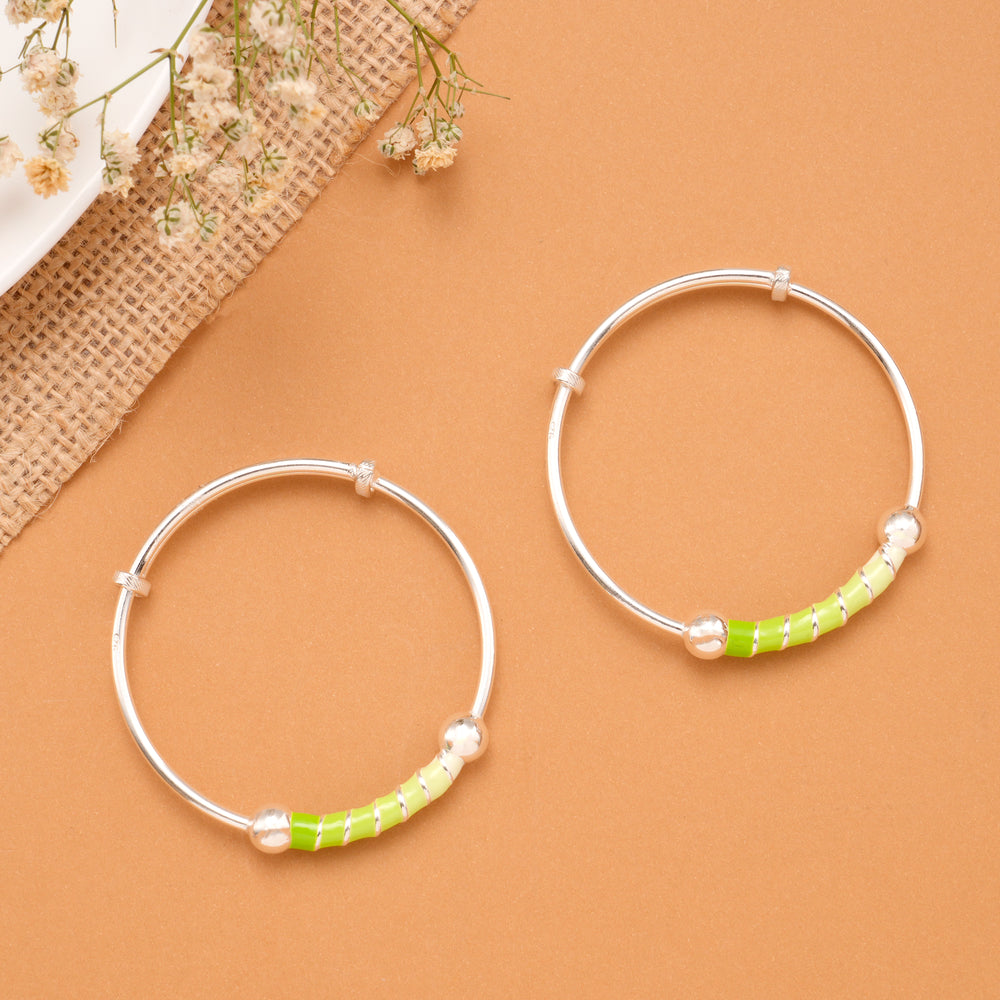 Green Enamel Tube Bead Baby Silver Bangle