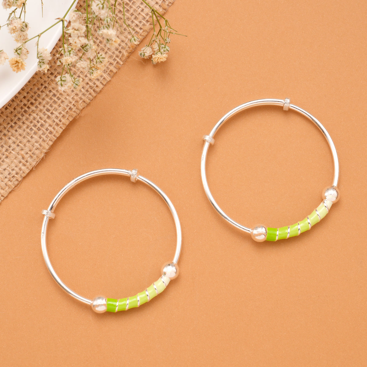 Green Enamel Tube Bead Baby Silver Bangle