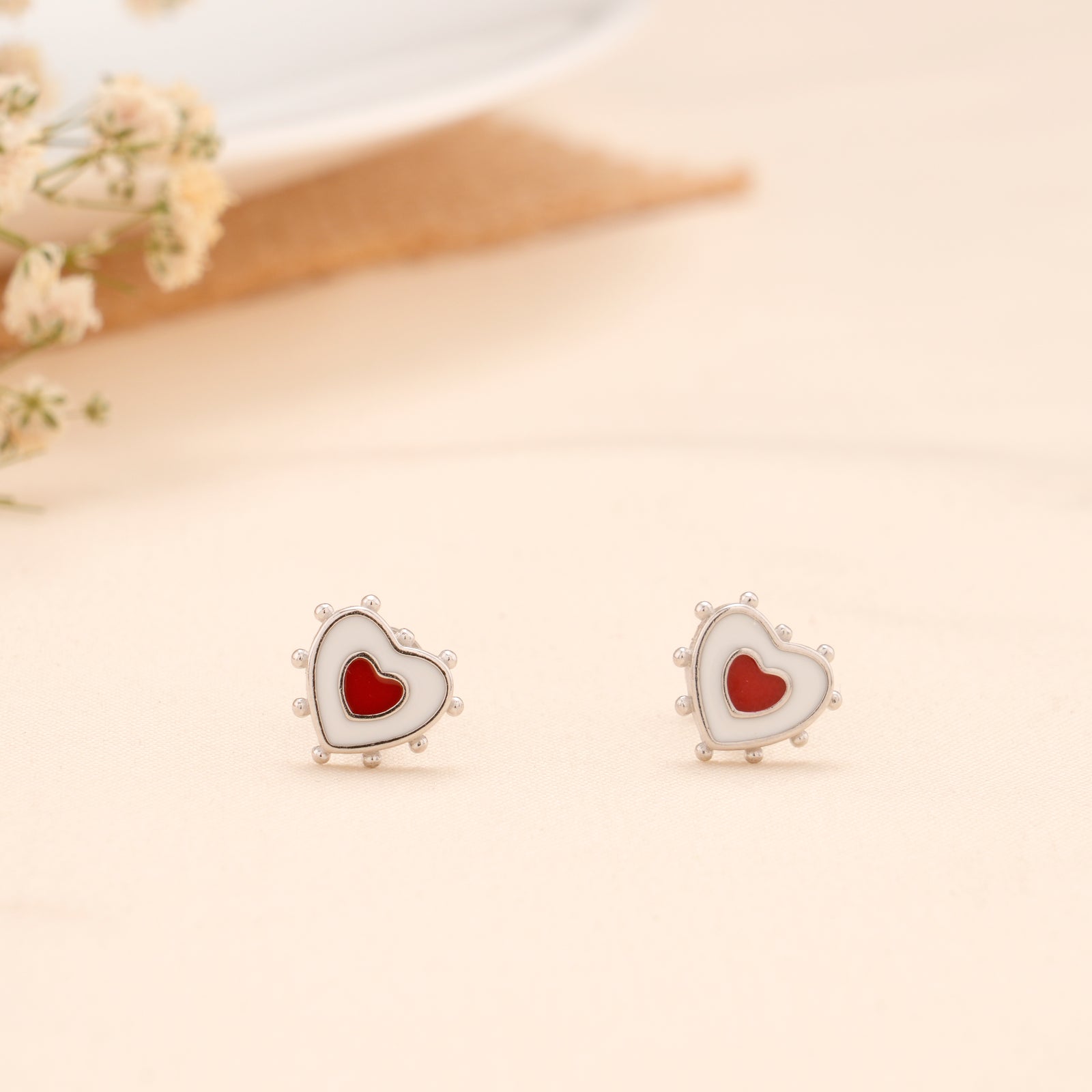 White Red Love Heart Silver Stud