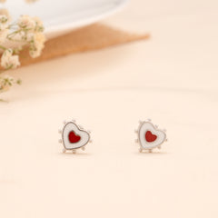 White Red Love Heart Silver Stud
