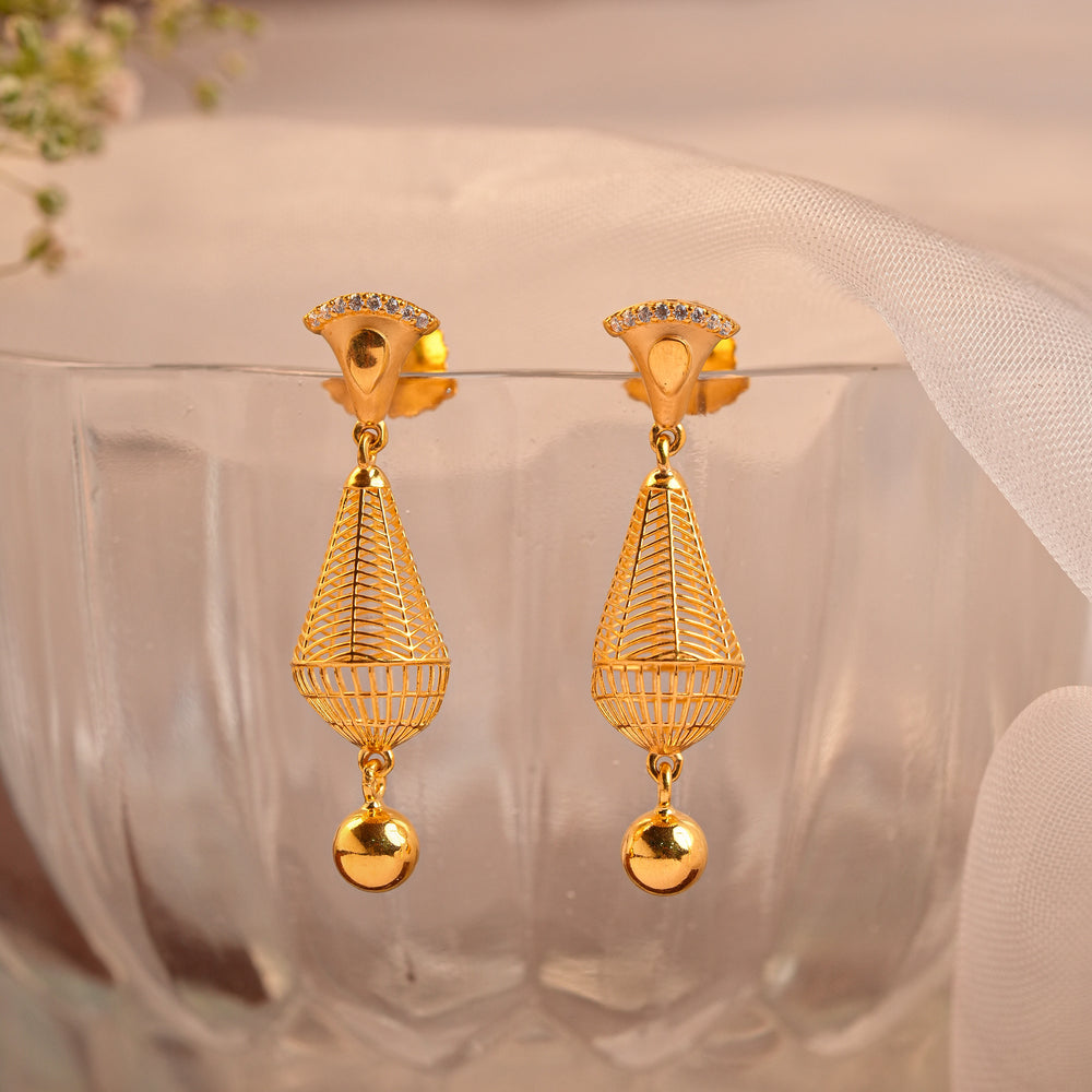 Gold Mesh Teardrop Drop Earrings with Gold Ball