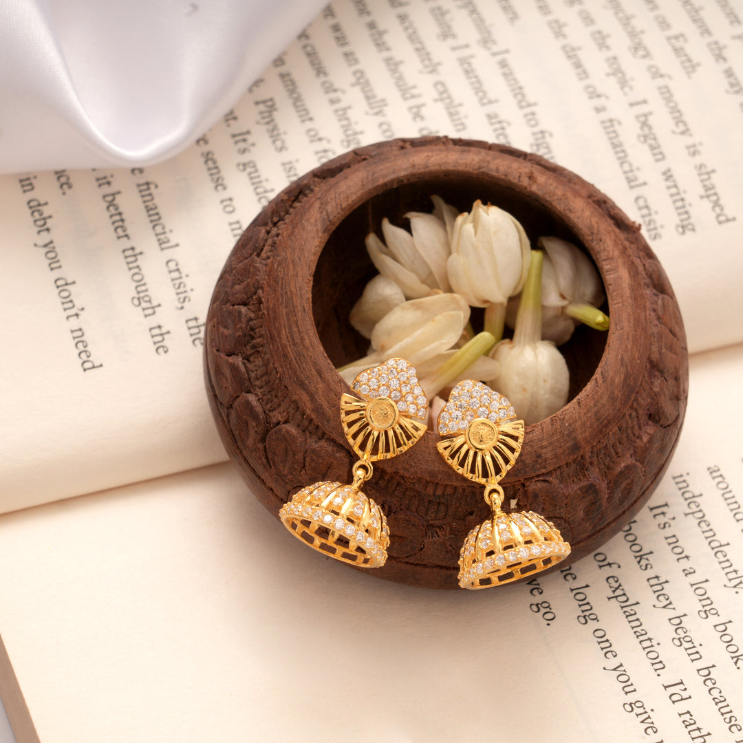 Half Stone Fan Design Golden Jhumkas