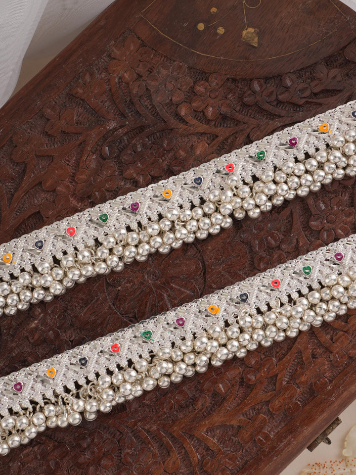 Bridal Meenakari Triangles in Silver Anklet