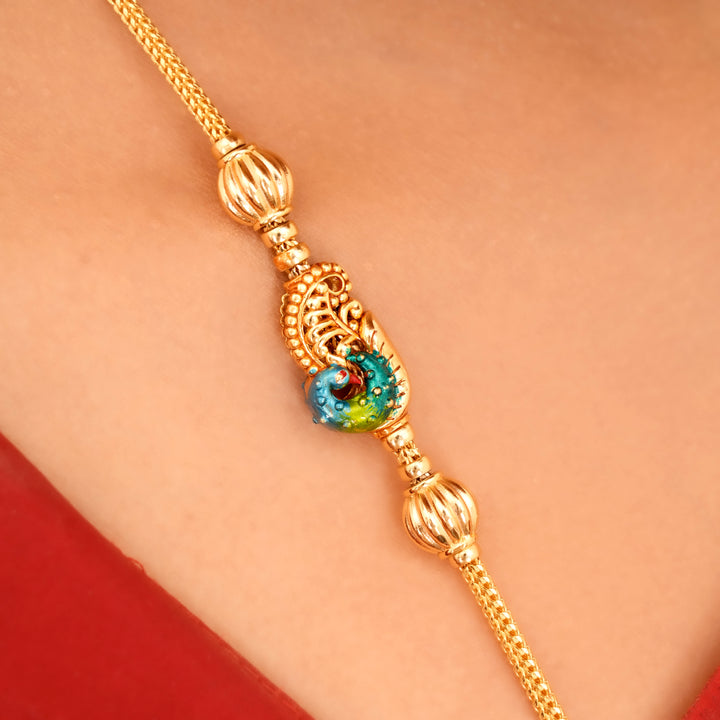 Colourful Peacock Design Golden Mugappu Chain