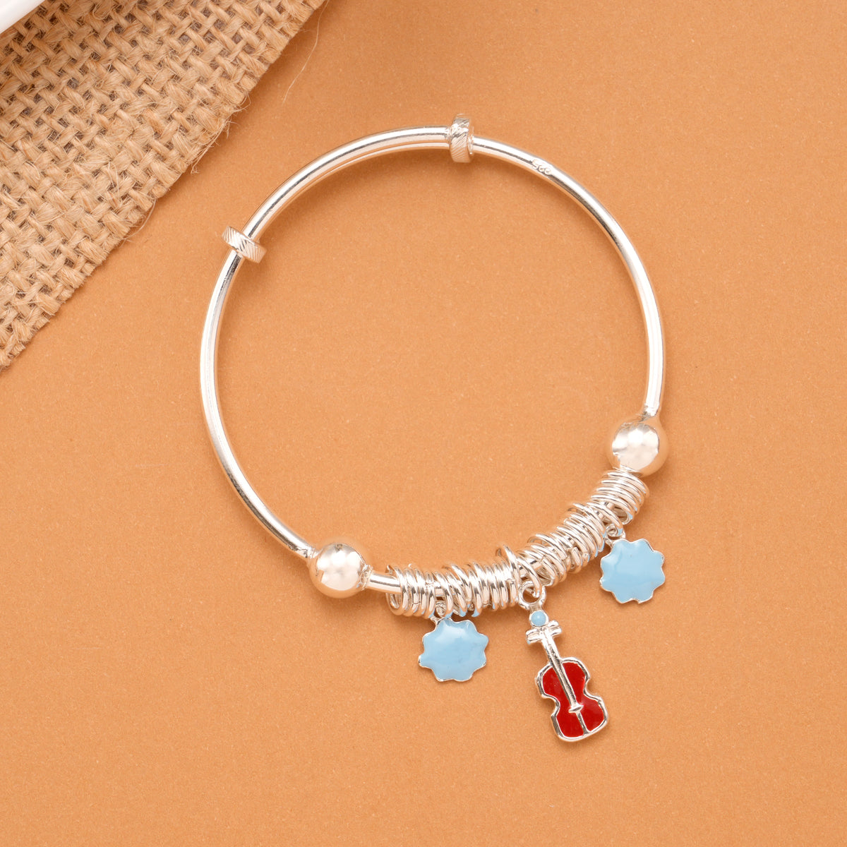 Red Violin Charm Baby Silver Bangle