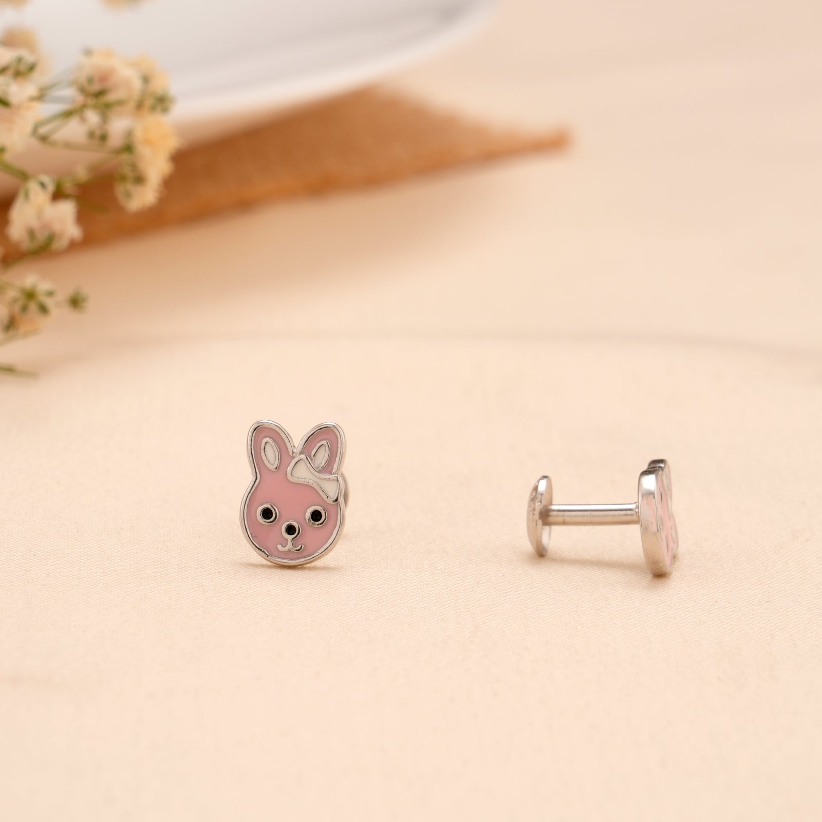 Pink Bunny Face Silver Stud