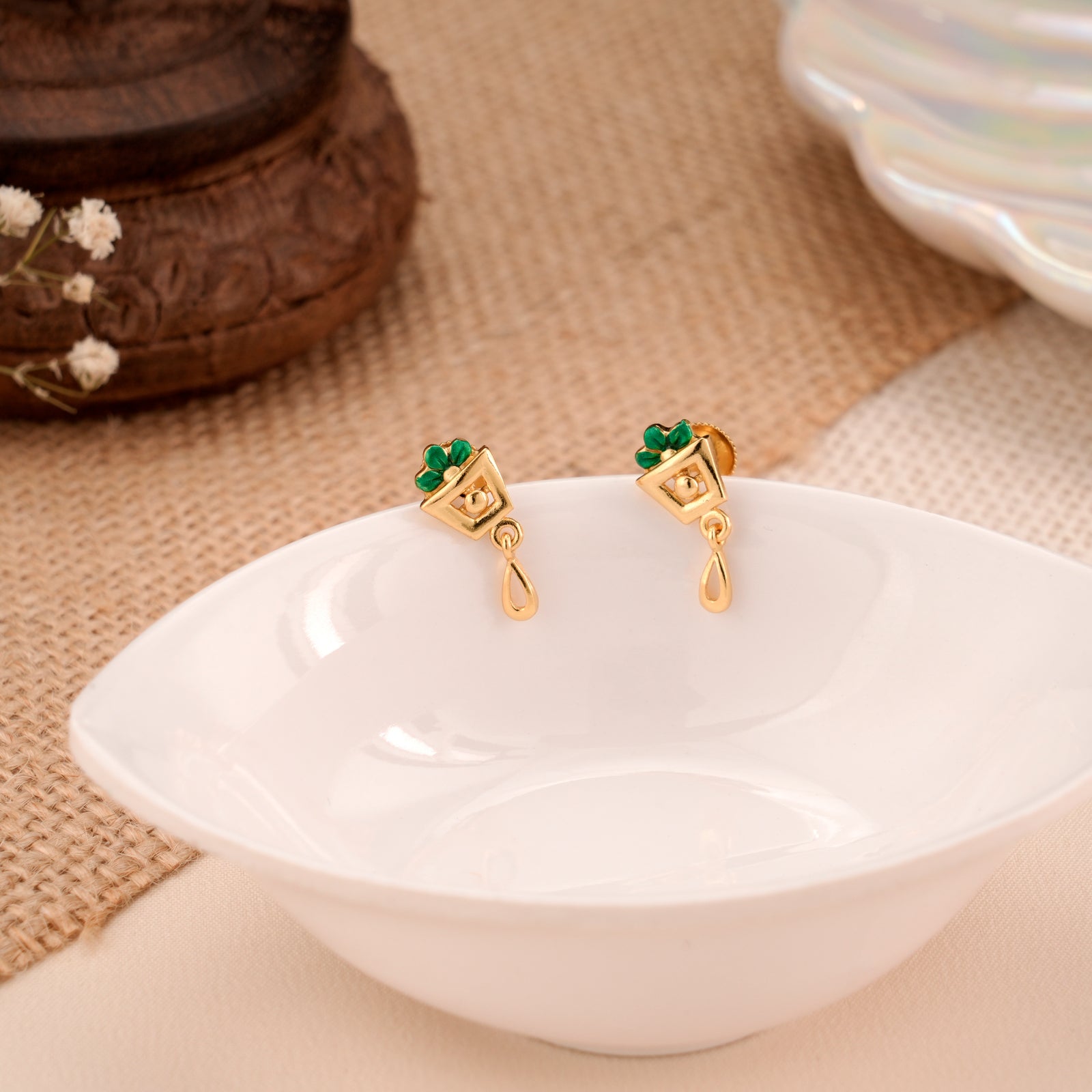 Square Top Floral Green Enamel Golden Stud
