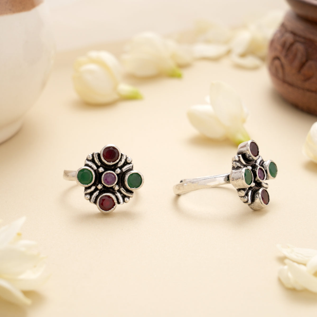 Emerald Ruby Cross Charm Silver Toe Ring