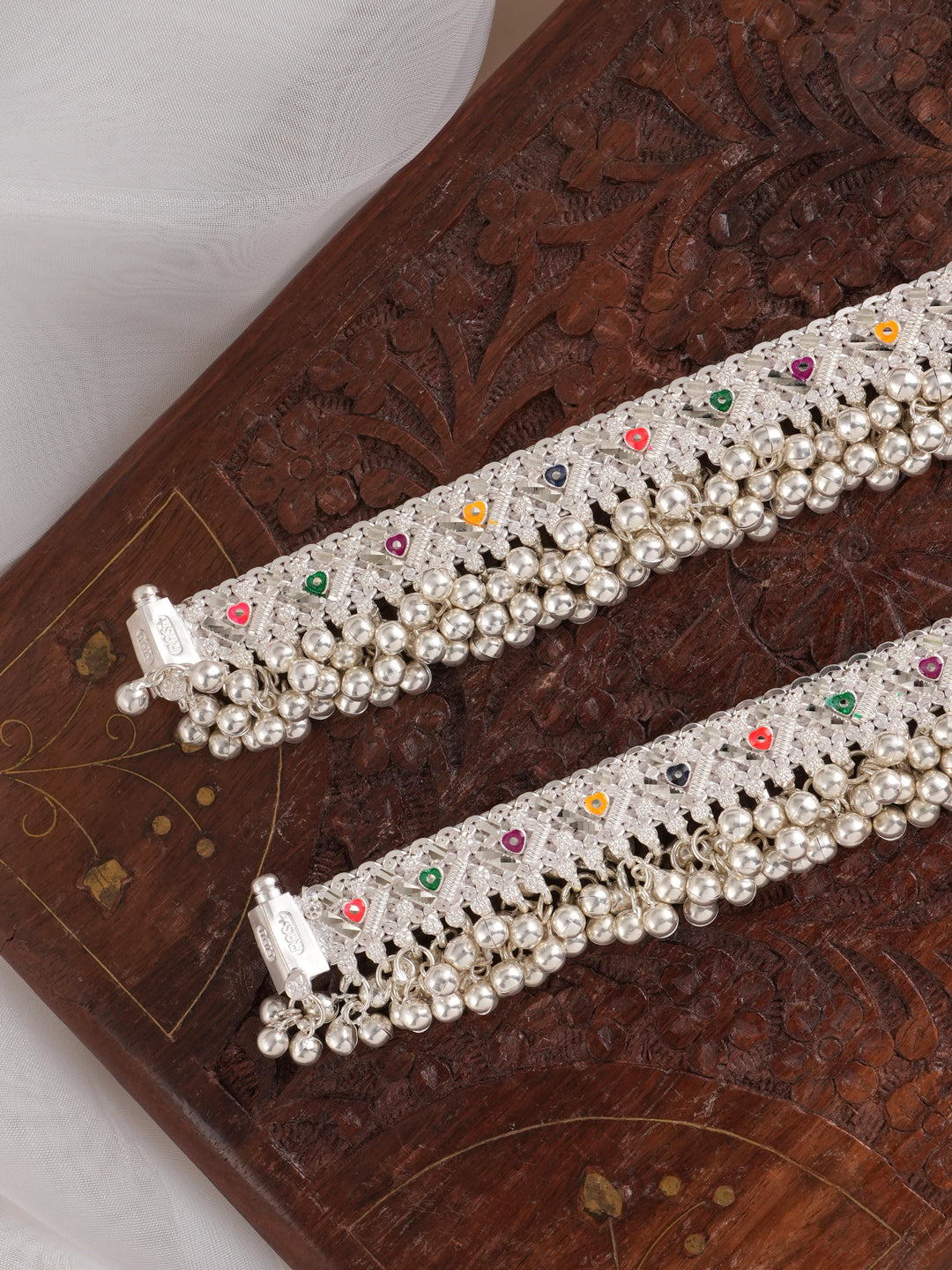 Bridal Meenakari Triangles in Silver Anklet