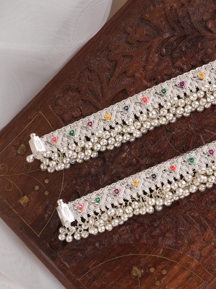 Bridal Meenakari Triangles in Silver Anklet