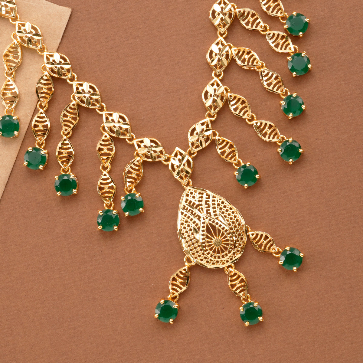 Gold Plated with Leaf Emerald Drops Necklace Set