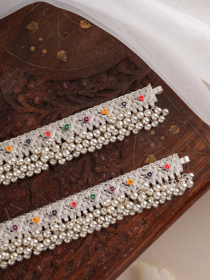 Bridal Meenakari Triangles in Silver Anklet