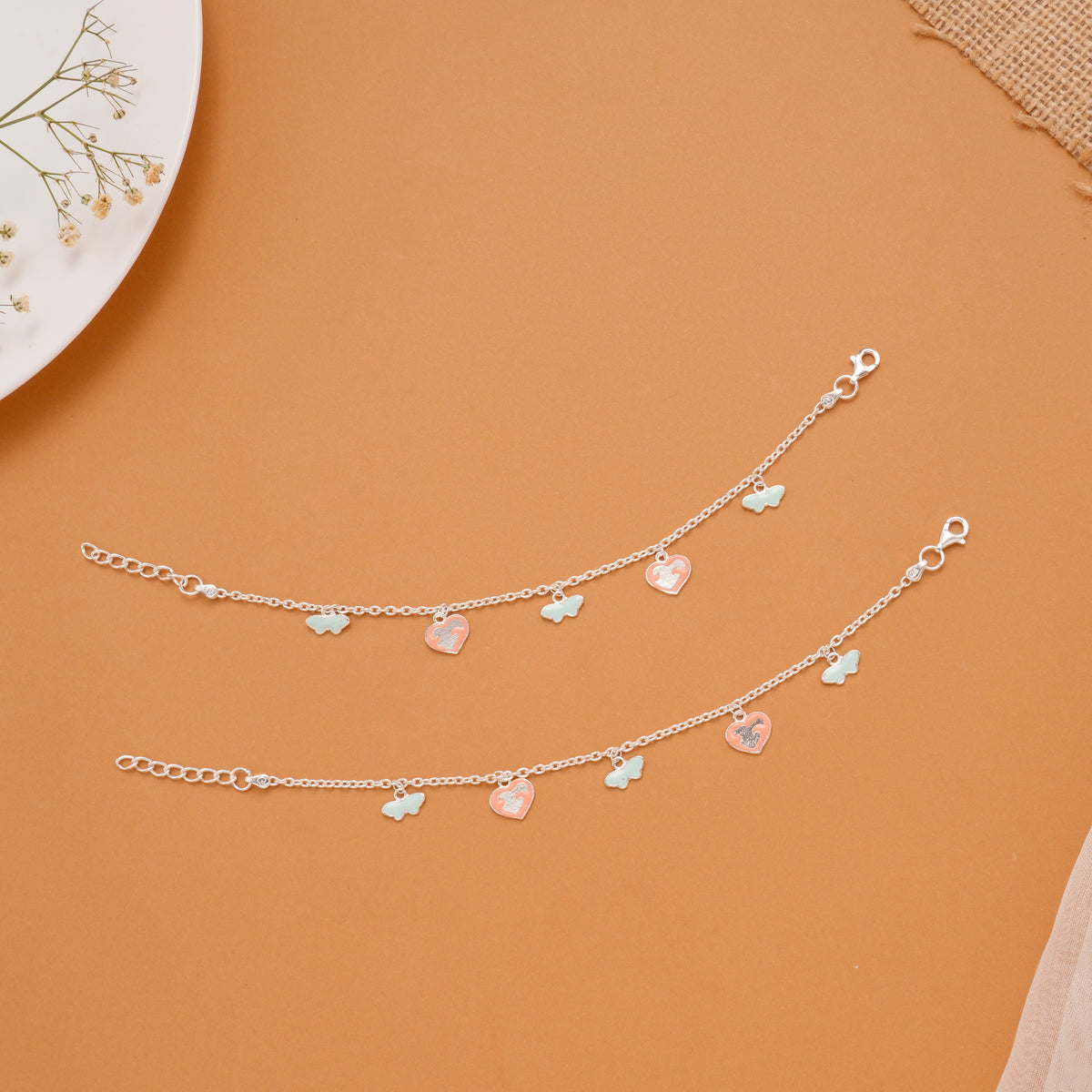 Heart Enamel Butterfly Silver Baby Anklets