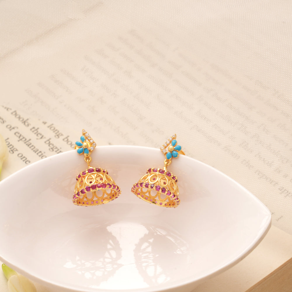 Elegant Flower Design Pink Stone Golden Jhumkas
