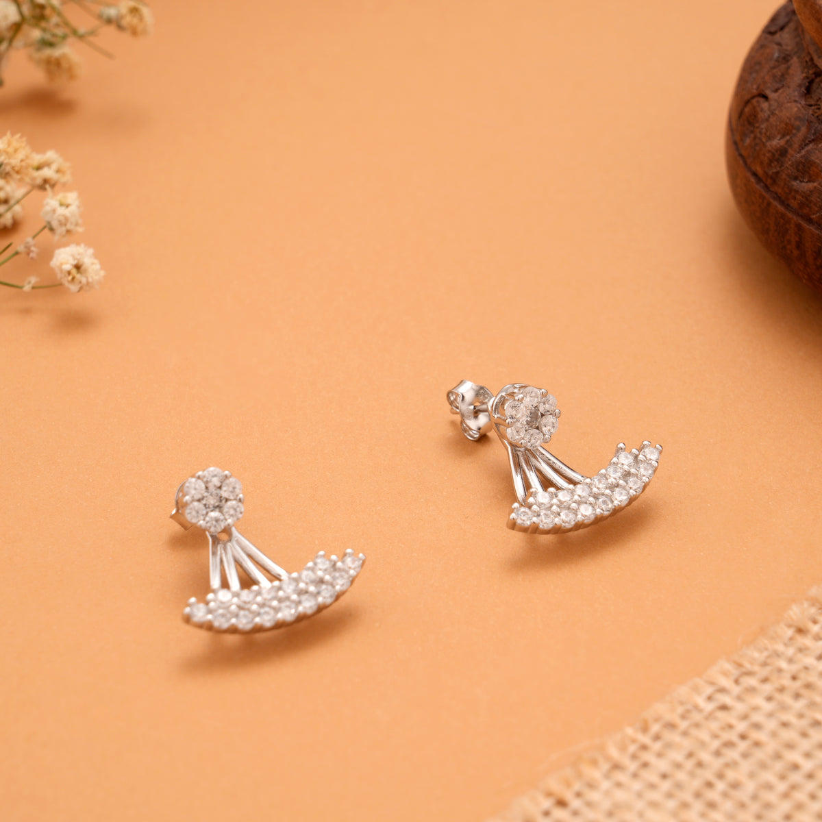 Crescent Feather Pattern 2 in 1 Silver Earrings