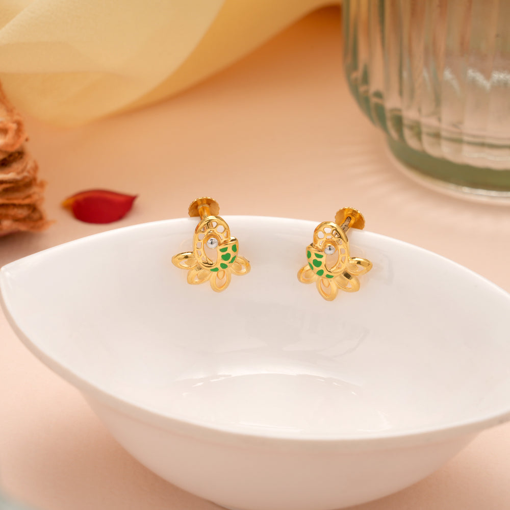 Stylish Gold Green Enamel Floral Stud