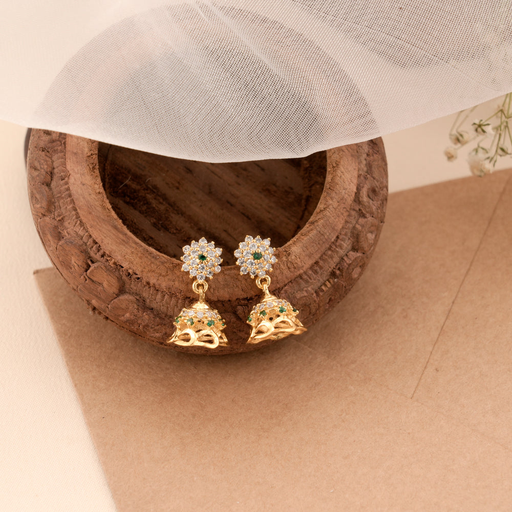 Elegant Emerald Flower Drop Golden Jhumkas