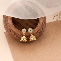 Elegant Emerald Flower Drop Golden Jhumkas