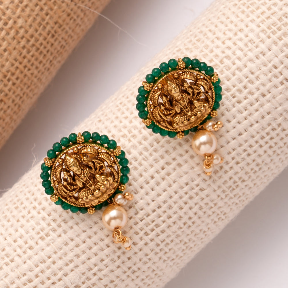 Antique Round Lakshmi Emerald Pearl Drop Studs