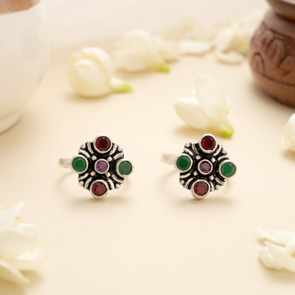 Emerald Ruby Cross Charm Silver Toe Ring