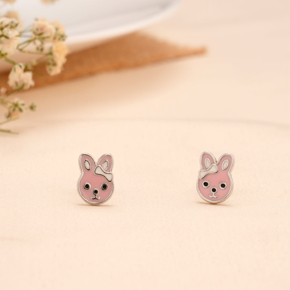 Pink Bunny Face Silver Stud