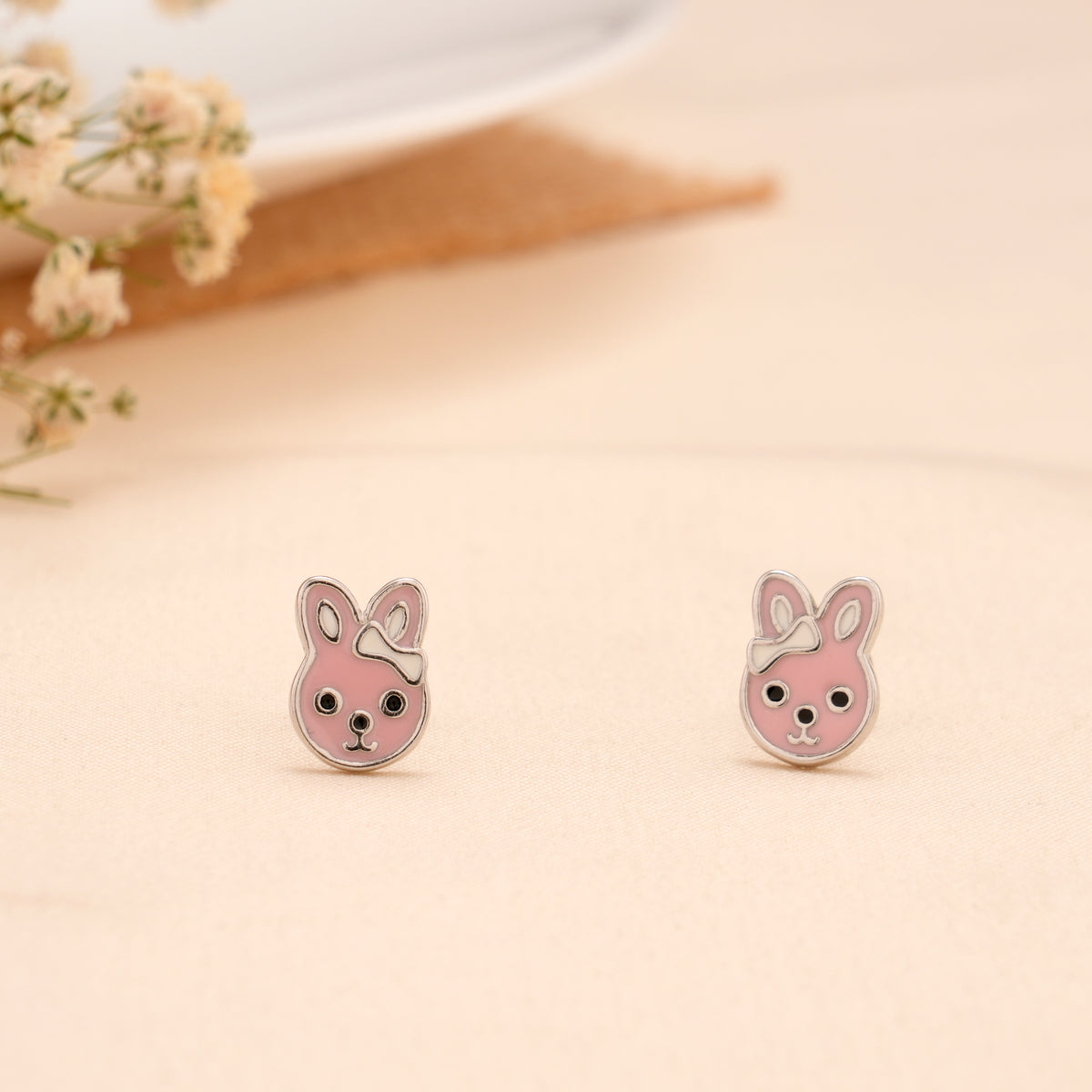 Pink Bunny Face Silver Stud