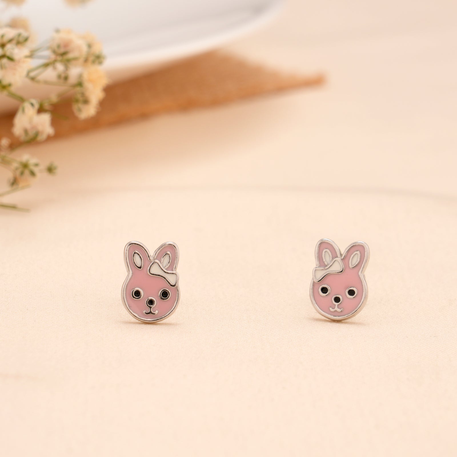 Pink Bunny Face Silver Stud