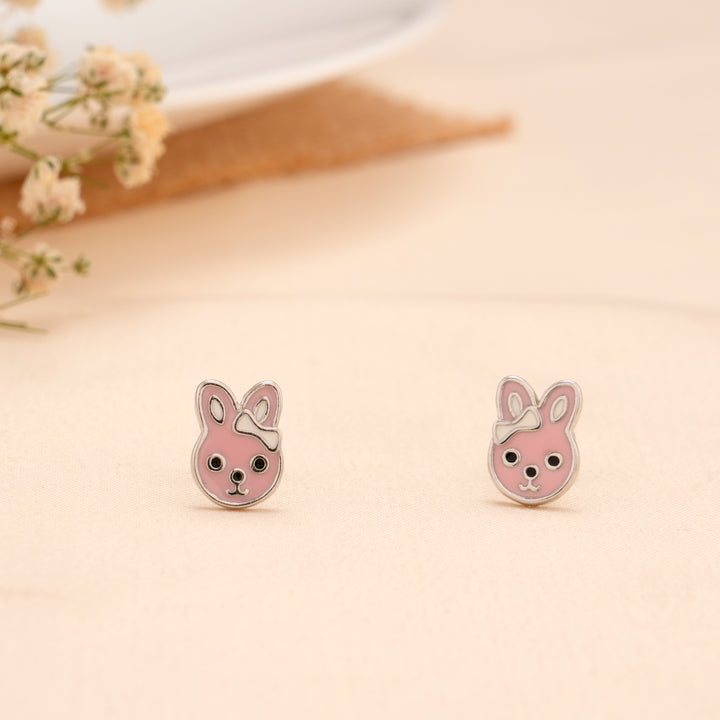 Pink Bunny Face Silver Stud