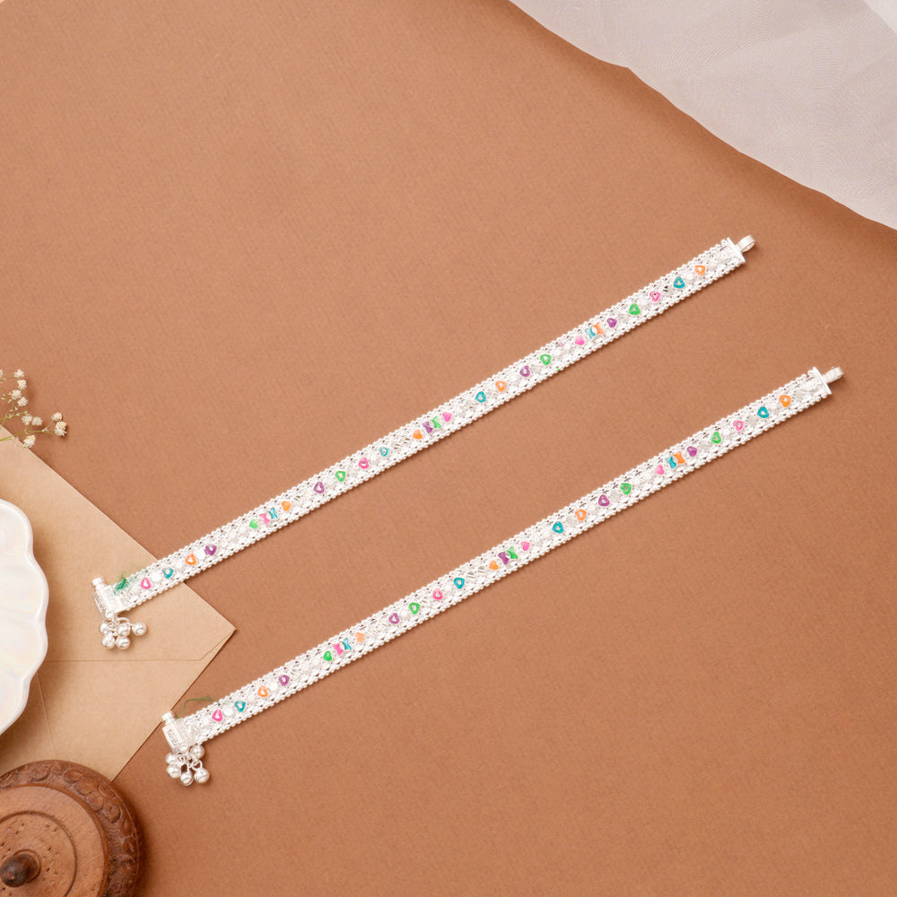 Stylish Colourful Heart Enamel Bell Silver Anklet