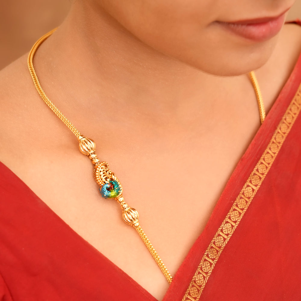 Colourful Peacock Design Golden Mugappu Chain