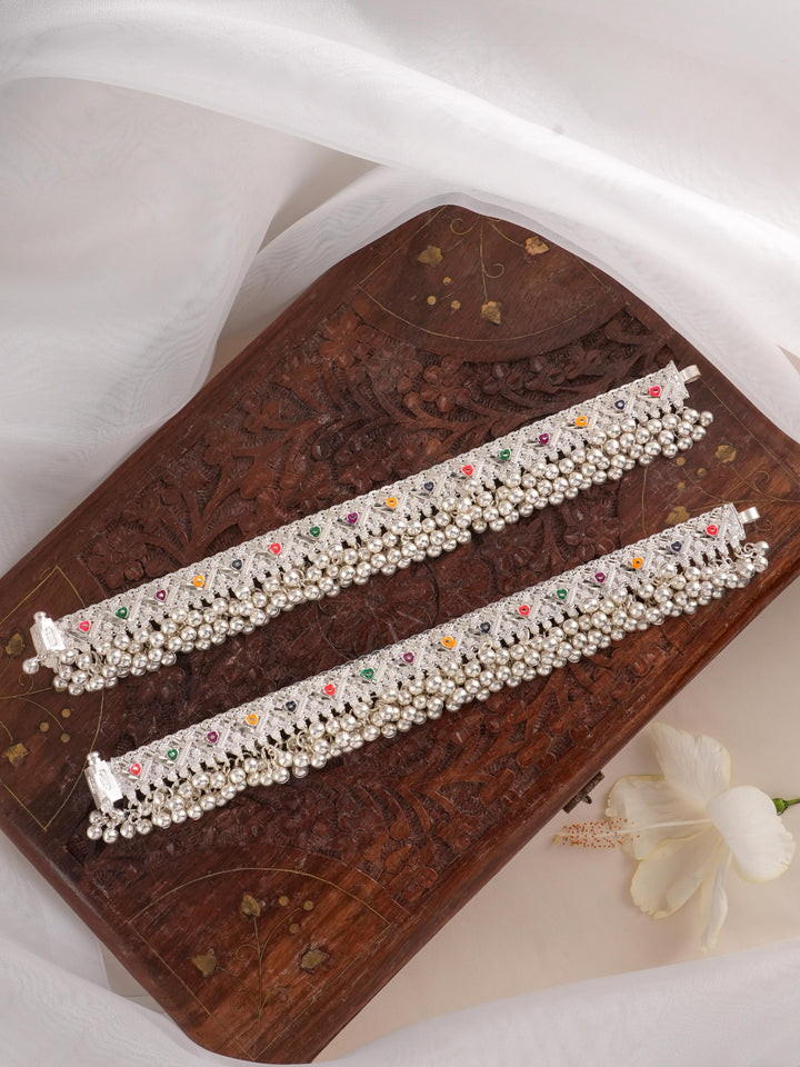 Bridal Meenakari Triangles in Silver Anklet
