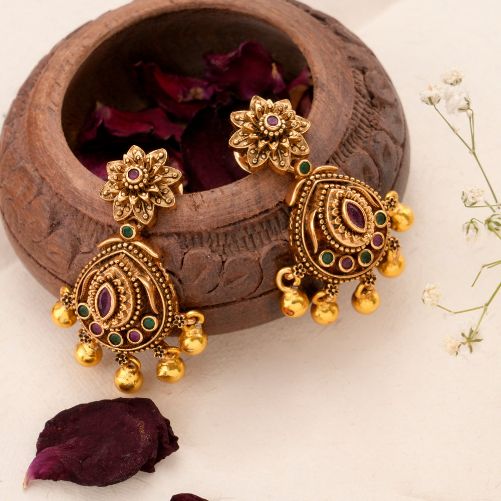 Floral Design with Golden Balls Earring