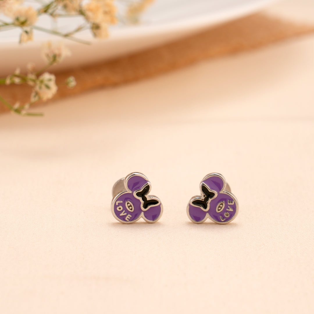 Purple Love Mouse Cartoon Silver Stud