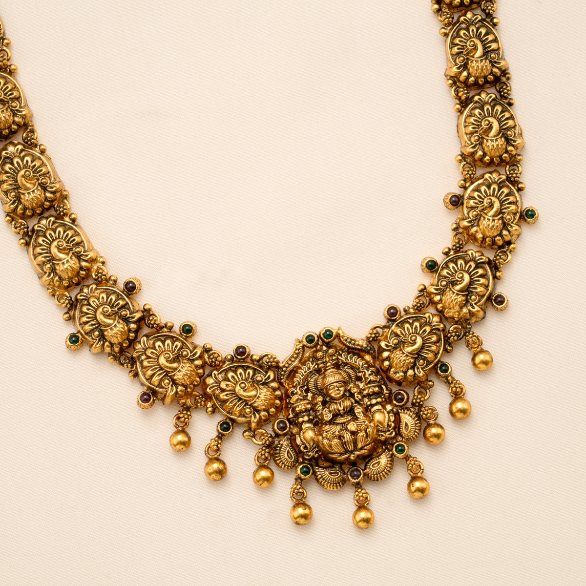 Floral Peacock Lakshmi Pendant Golden Drops Haram