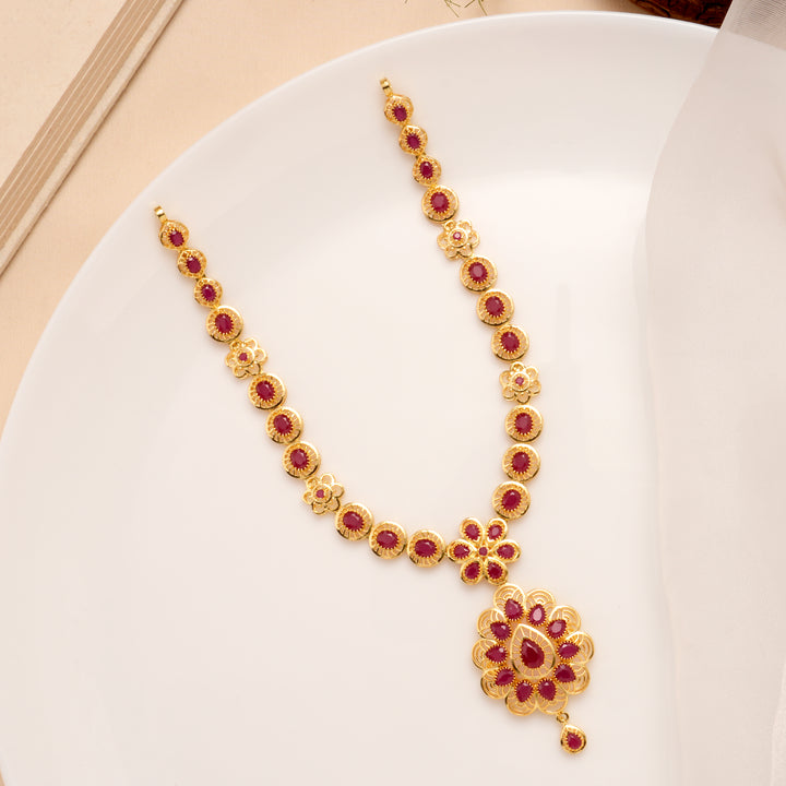 Ruby Floral Drop Pendant Necklace Set