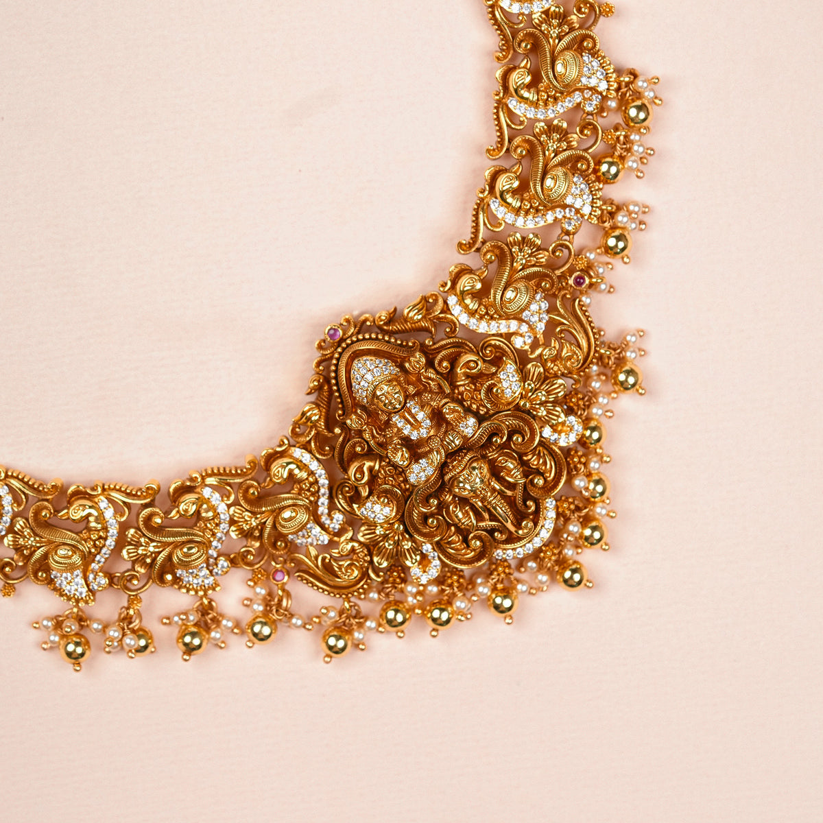 Antique Lakshmi Pendant Haram with White Stone Embellishments