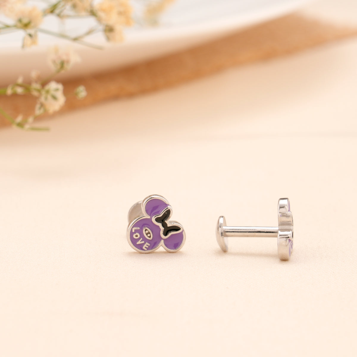 Purple Love Mouse Cartoon Silver Stud