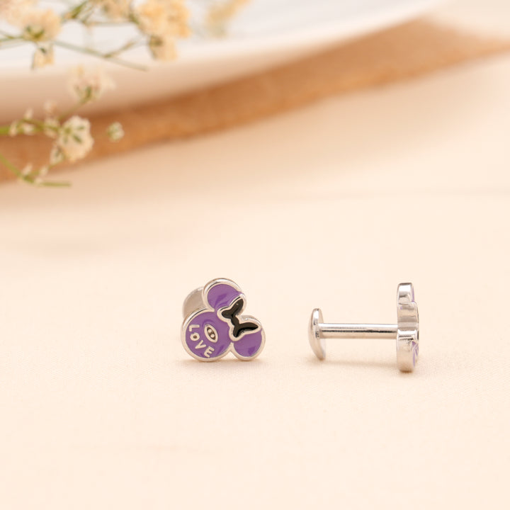 Purple Love Mouse Cartoon Silver Stud