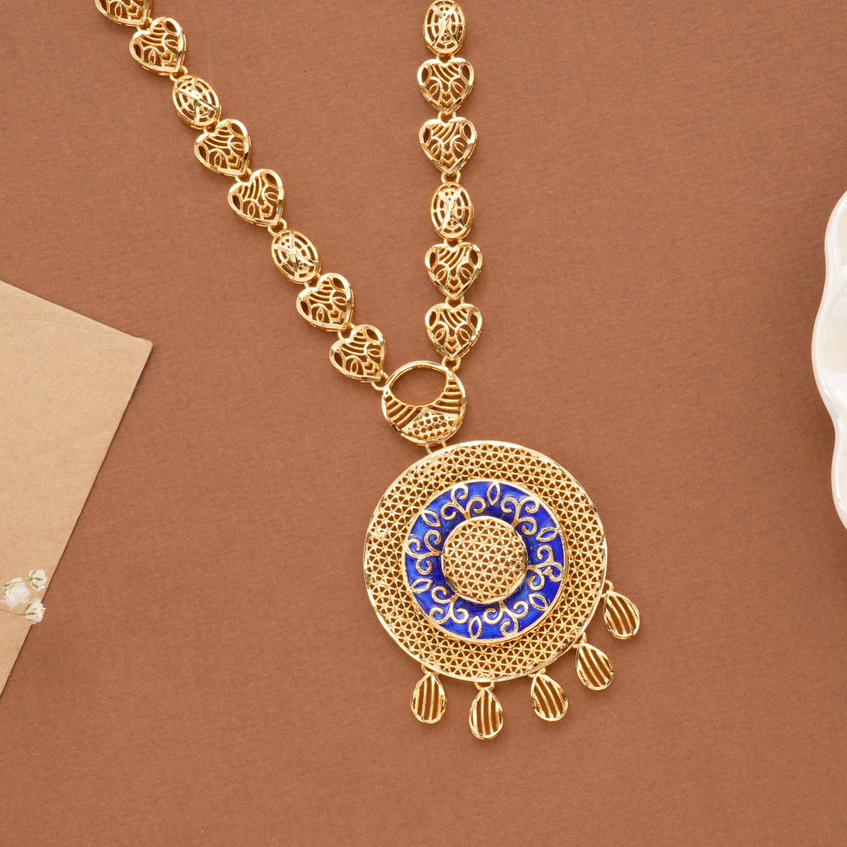 Classic Circle Blue Enamel Golden Necklace Set