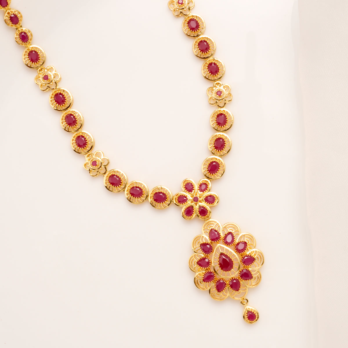 Ruby Floral Drop Pendant Necklace Set