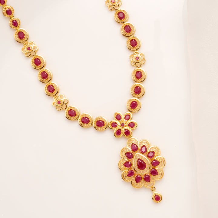 Ruby Floral Drop Pendant Necklace Set