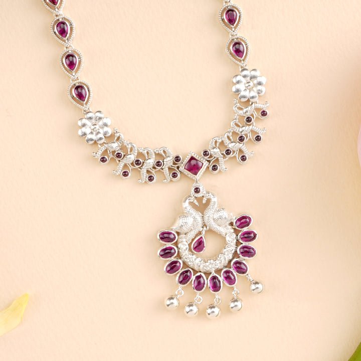Ruby Stone Peacock Sterling Silver Necklace
