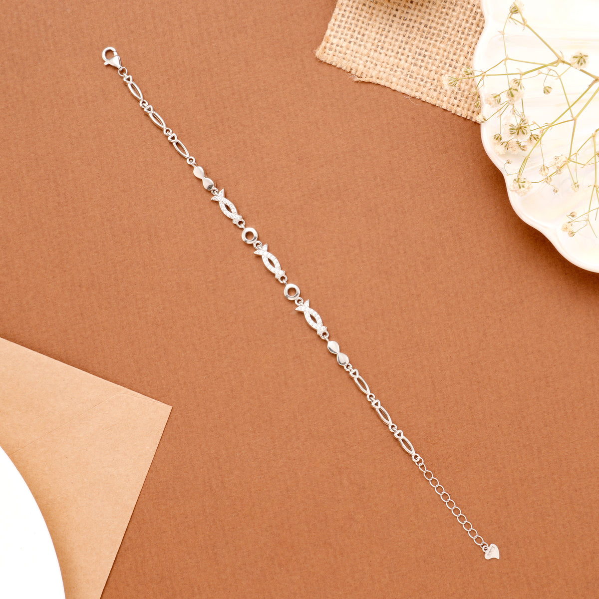 Elegant Stone Infinity Loop Link Silver Bracelet