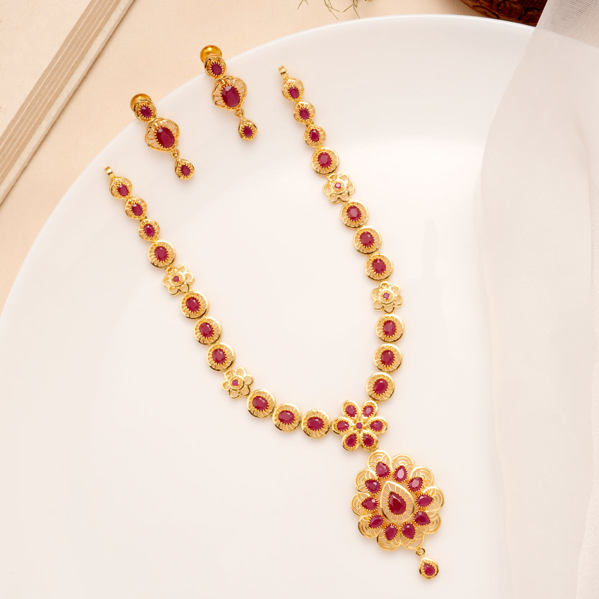 Ruby Floral Drop Pendant Necklace Set