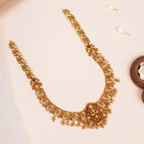 Antique Lakshmi Pendant Haram with White Stone Embellishments