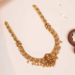 Antique Lakshmi Pendant Haram with White Stone Embellishments
